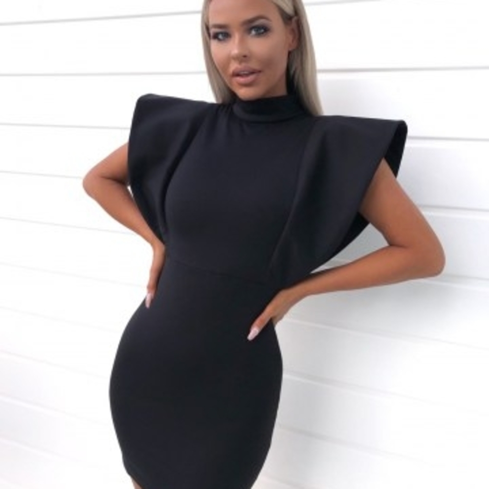 Black Bodycon Mini Dress with Mock Neck and Cap Sleeves